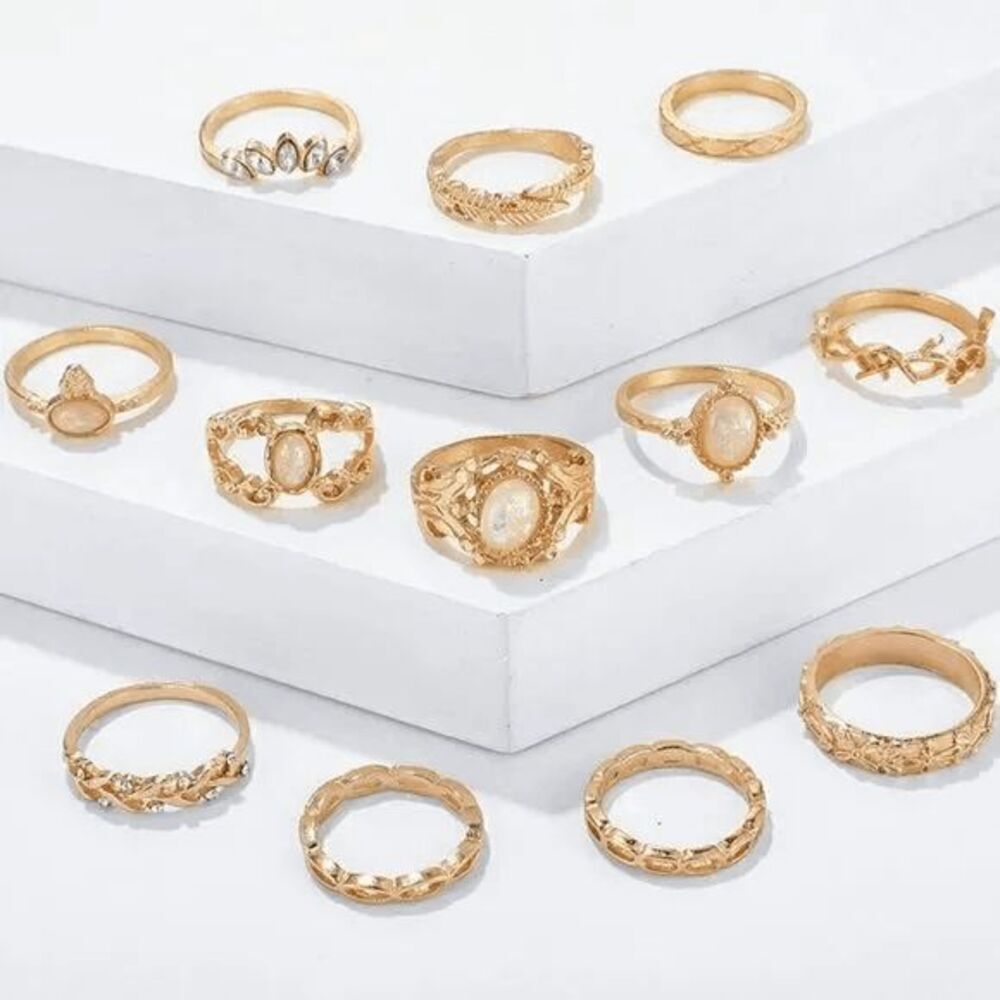 Ladies Gold 12 Piece Stylish Ring Set - Picture 3 of 7